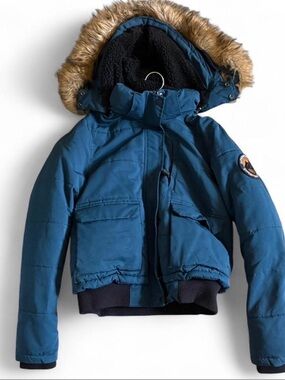 Superdry women’s Blue Hooded Puffer Jacket with Fur
